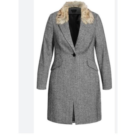 City Chic Sleek Fur Coat Women’s Size S/16 Herringbone Tweed Removable Fur Colla - Picture 2 of 13